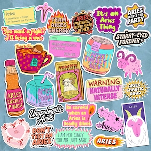 Puede incluir: Una colección de pegatinas coloridas con el tema de Aries, con varios diseños y texto. Las pegatinas presentan frases como "Aries Energy", "Starry-Eyed Forever" y "Warning: Naturally Intense". La paleta de colores incluye rosa, azul y naranja.