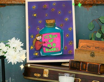 Lámina artística para amantes de los libros: Aroma a libros antiguos, ilustración caprichosa (descarga digital)