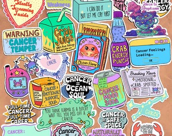 25pc Cancer Zodiac Sticker Pack | Funny Cancer Astrology Stickers | Emotional Zodiac Vinyl Stickers | Laptop Journal Scrapbook Decals