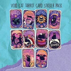 May include: A pack of tarot card stickers featuring black cats in various poses. Each card has a unique design with vibrant colors and the words "The World", "The Wheel", "The Sun", "The Star", "The Lovers", "The Emperor", "The Empress", "The Moon", "The Hanged Man", and "The Devil".