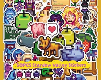 Puede incluir: Una colección de 50 pegatinas de Stardew Valley con personajes, animales, cultivos y objetos del juego en pixel art. El surtido incluye un perro con un globo de corazón, un Junimo verde, un árbol de Navidad y el texto 50PCS Stardew Valley Stickers.