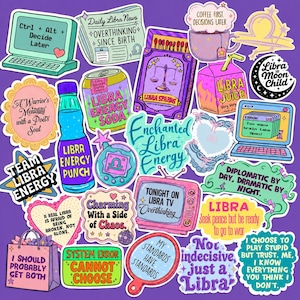 May include: A collection of colourful stickers featuring Libra-themed illustrations and text, including a computer with 'Ctrl + Alt + Decide Later', a newspaper, a soda can, a matchbox, a coffee mug, a mirror, and various humorous phrases.