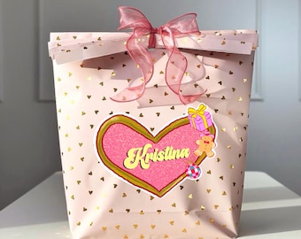 Personalized Name Christmas Gift Sticker, Custom Holiday Label Tag, Cute Pink Heart Xmas Sticker for Presents, Family Gift Labels