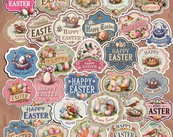 May include: A collection of vintage-style Easter stickers in various shapes. The stickers feature pastel colors, floral designs, birds, eggs, and the text "Happy Easter". The overall aesthetic is reminiscent of antique ephemera.