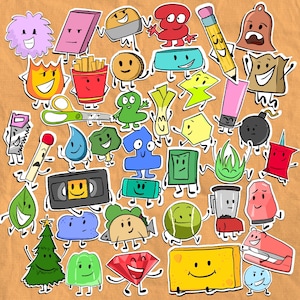 May include: A selection of cartoon stickers depicting various objects with faces and limbs. Includes a pencil, scissors, a cassette tape, a Christmas tree, a taco, a diamond, and more. The stickers are set against a light brown backdrop.