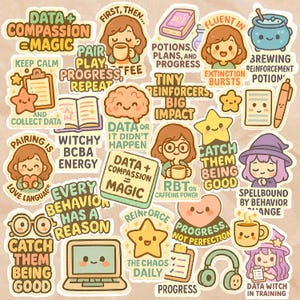 May include: A selection of vibrant stickers with diverse designs and text. The stickers showcase illustrations of characters, stars, books, and mugs, with phrases such as "Data + Compassion = Magic" and "Catch Them Being Good."