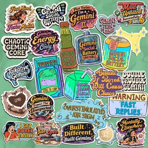 Op de afbeelding: Een verzameling kleurrijke stickers met het thema Tweelingen, met verschillende ontwerpen en tekst. Stickers bevatten zinnen als "Gemini Social Battery", "Chaotic Gemini Core" en "Fast Replies". De stickers bevatten illustraties van drankjes, lucifers en andere afbeeldingen.