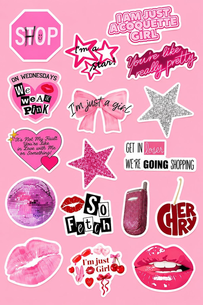 May include: A collection of pink-themed stickers featuring various designs including a stop sign with the text SHOP, a pink bow with the text I'm just a girl, a glittery star, a disco ball, a flip phone, red lips, and text-based quotes.