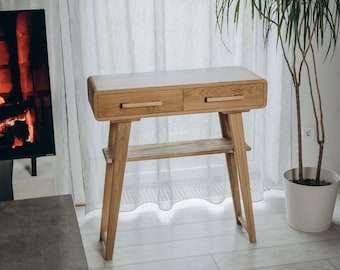 Solid Oak Console Table with Drawers, Narrow Entryway Table, Scandinavian Wooden Vanity Desk