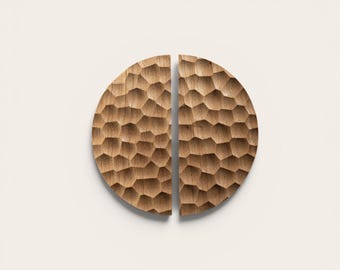 Textured Oak Half Circle Cabinet Handles, Sculpted Wood Drawer Pulls