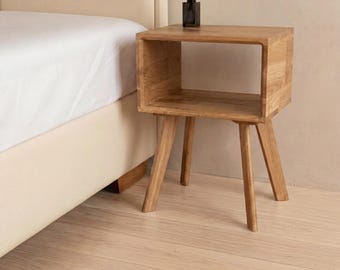 Solid Oak Bedside Table, Wooden Nightstand, Modern Minimalist Side Table for Bedroom