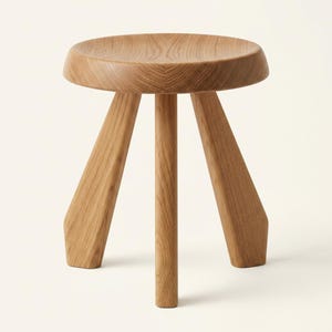 May include: A three-legged stool crafted from light-toned wood with a visible grain pattern. The seat is circular with a slightly concave top surface, supported by three angled, sturdy legs that extend outward from the centre base.