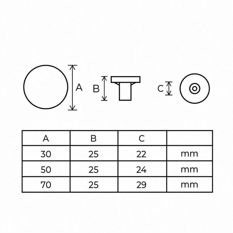 Peut inclure: Sch&eacute;ma de boutons de meubles avec dimensions en millim&egrave;tres. Le sch&eacute;ma montre une vue lat&eacute;rale, une vue de dessus et une vue de face du bouton. Le tableau ci-dessous indique les dimensions : A (30, 50, 70 mm), B (25 mm) et C (22, 24, 29 mm).