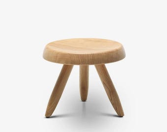Berger Solid Oak Stool, Charlotte Perriand Inspired Wooden Accent Seat, Round Minimalist Stool