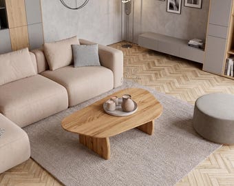 Solid Oak Coffee Table, Organic Shape Wood Center Table, Japandi Minimalist Furniture
