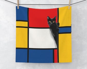 Asciugamano con faccia di gatto - Decorazione da bagno moderna con blocchi di colore / Regalo con gatto nero