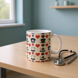 May include: A white ceramic mug with a beige background, decorated with red hearts and black nurse hats. A stethoscope and pen rest on a wooden surface next to the mug. The mug is a standard size.