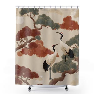 Chinoiserie Shower Curtain for Zen Spa Bathroom Decor | Crane Pine Clouds Made in USA