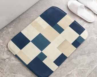 Modern Korean Jogakbo Bath Mat - Navy & Sand Geometric Memory Foam Bathroom Rug