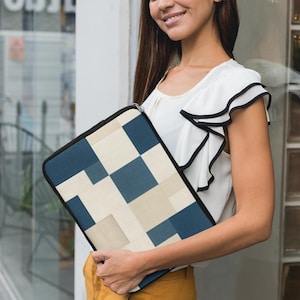 Modernt koreanskt Jogakbo laptopfodral - Marinblått estetiskt geometriskt fodral för 13" 15"