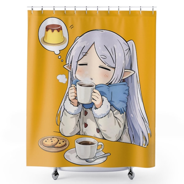 Frieren Shower Curtain, Kawaii Elf Coffee Curtain, Cozy Anime Bathroom Decor, 71x74