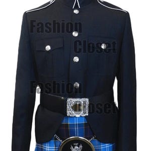 May include: A navy blue military jacket with white piping, silver buttons, and a black belt with a decorative buckle. The jacket is worn with a blue and black plaid kilt. The text "Fashion Closet" is visible on the jacket.