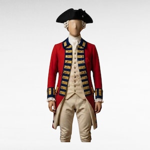 May include: A red military-style coat with blue lapels and gold buttons, worn over a cream-colored waistcoat and matching breeches. The ensemble includes a white cravat and a black tricorn hat, displayed on a mannequin with a white wig.