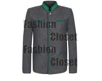 Giacca bavarese in lana da uomo / Loden tirolese grigio, cappotto Oktoberfest ricamato verde