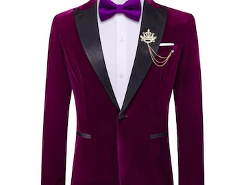 Chaqueta de esmoquin de terciopelo morado hecha a mano / Solapa chal de corte entallado