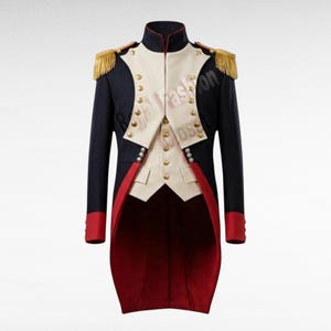May include: A navy blue tailcoat featuring a cream-colored front panel, red cuffs, and a red interior lining. The jacket includes gold-toned buttons, gold fringe epaulets on the shoulders, and a high collar. The text Royal Fashion Closet is visible.