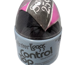 Meia-calça vintage Leggs de inverno dos anos 80, modelo Queen, cor carvão, com textura canelada e quentinha.