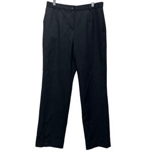 May include: Black trousers with a button and zip fastening. The trousers have a straight leg cut and pockets. The garment is suspended on a black hanger against a white backdrop. The trousers are made of a smooth, solid material.