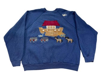 Felpa da donna con motivo Arca di Noè riciclata, taglia L, blu, vintage anni '90, con applicazioni e bottoni, prodotta negli Stati Uniti.