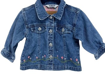 OshKosh B'gosh Kids Denim Jacket Floral Embroidered Blue Cotton Size 3T READ