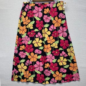 Talbots Floral Midi Skirt Womens 16 Black Pink Tropical Hibiscus Tencel A-Line image 2
