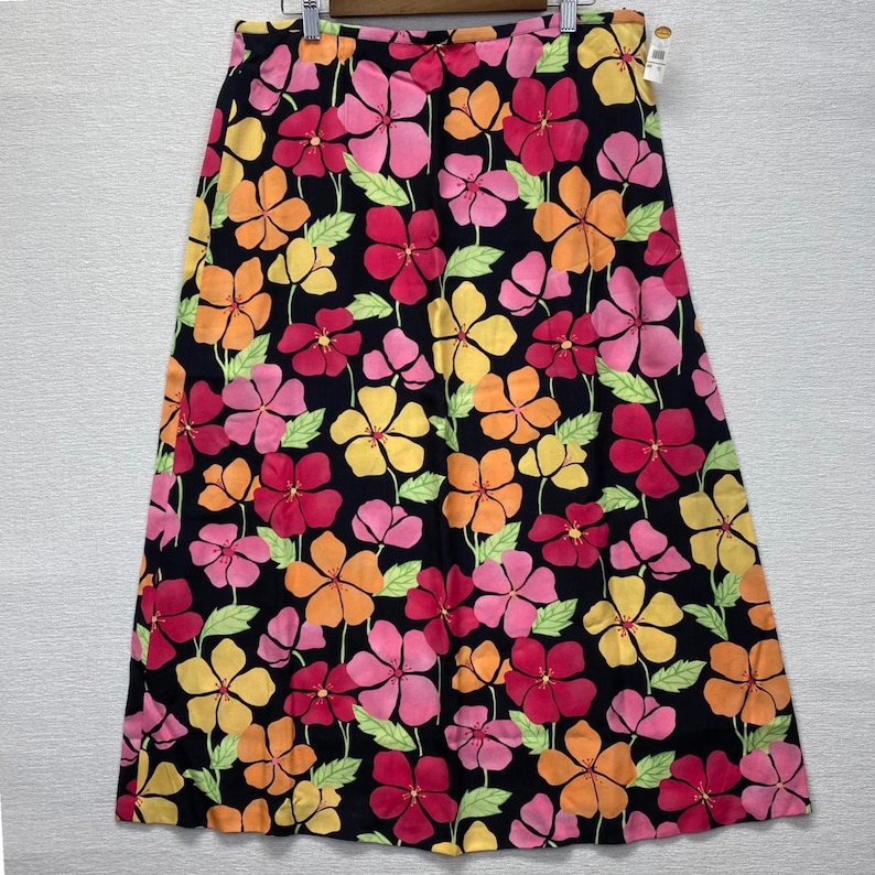 Talbots Floral Midi Skirt Womens 16 Black Pink Tropical Hibiscus Tencel A-Line image 2