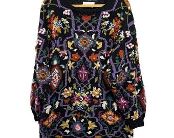 VTG 80er Jahre Jennifer Reed Large Cullinane Hand gestrickter Pullover All Over Floral Long