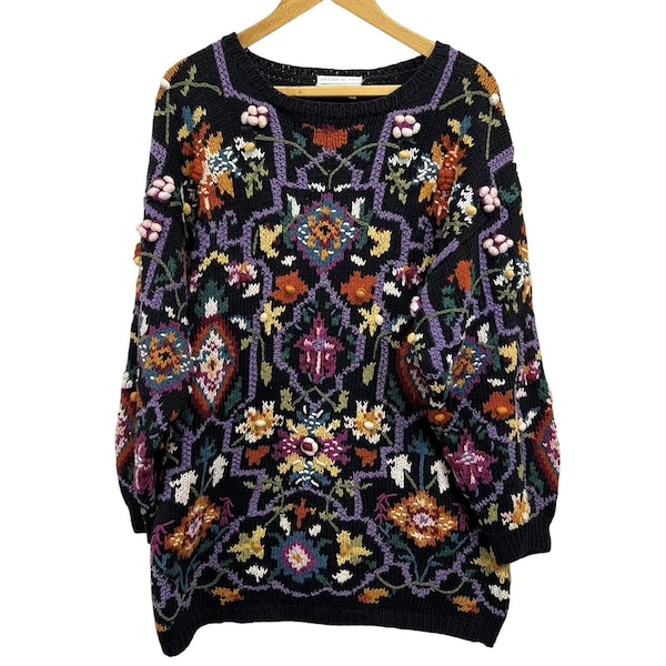 VTG 80er Jahre Jennifer Reed Large Cullinane Hand gestrickter Pullover All Over Floral Long
