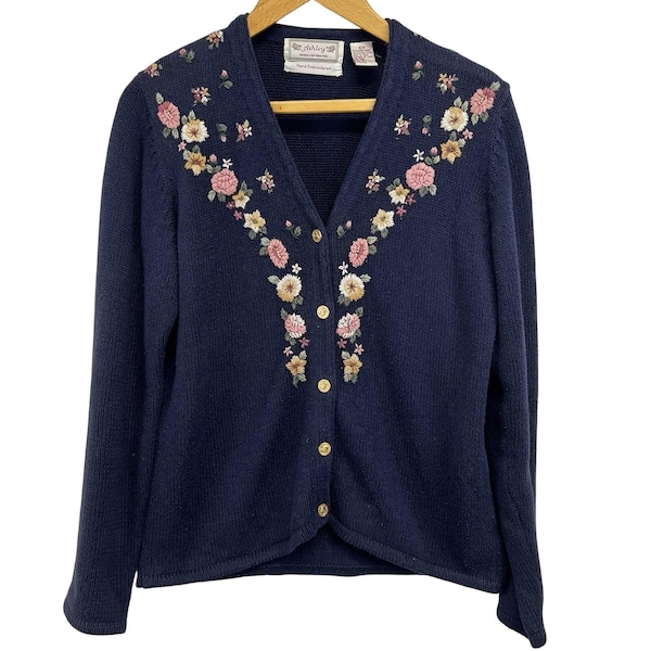 Vintage Hand stricken gestickt Navy Night Fall Cardigan Pullover kleine Gold-Knopf