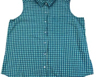 Basic Editions Plaid Sleeveless Shirt Seersucker 24W Teal Blue Cotton Button Up