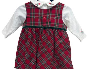 VTG Y2K OshKosh Baby Red Plaid Jumper Dress Matching Shirt Embroidered 0-3M