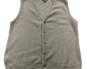 Eddie Bauer Cardigan Vest Men L Waffle Knit Button Up Marled Oatmeal VTG 90s USA