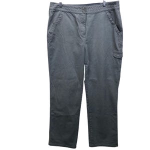 May include: A pair of charcoal gray pants with a straight leg design. The pants have two front pockets, two back pockets, and a small cargo pocket on the right leg. The pants are made of a durable fabric and feature a button and zipper closure.