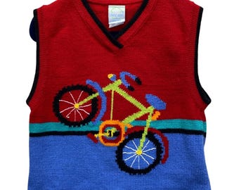 Chez Ami Bicycle Knit Sweater Vest Kids Size S Red Blue Colorblock V-Neck F5-835