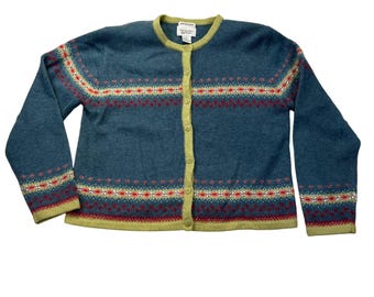 VTG Christopher and Banks Fair Isle Cardigan L Wool Blend Hand Embroid Sweater