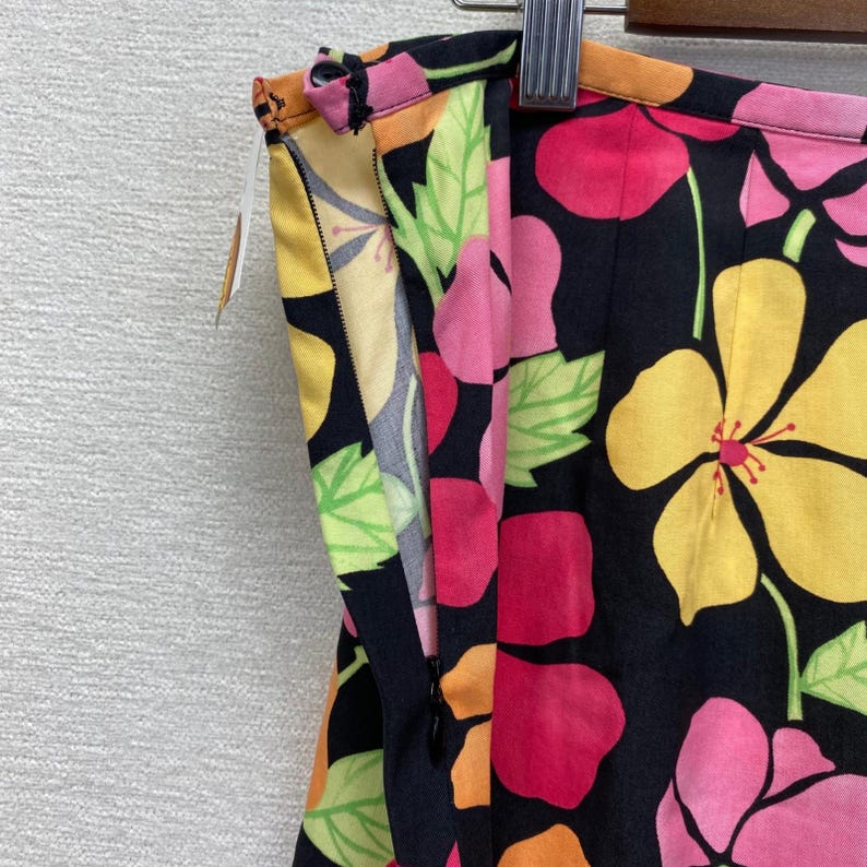 Talbots Floral Midi Skirt Womens 16 Black Pink Tropical Hibiscus Tencel A-Line image 11