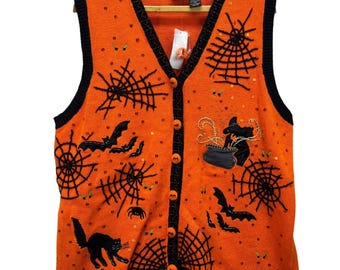 VTG 90s Halloween Embroidered Sweater Cardigan Vest Embellished Witch Cat Web