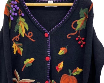 VTG ARRIVISTE Womens Schwarz Bestickter Herbst Thema Strickjacke Pullover M EUC
