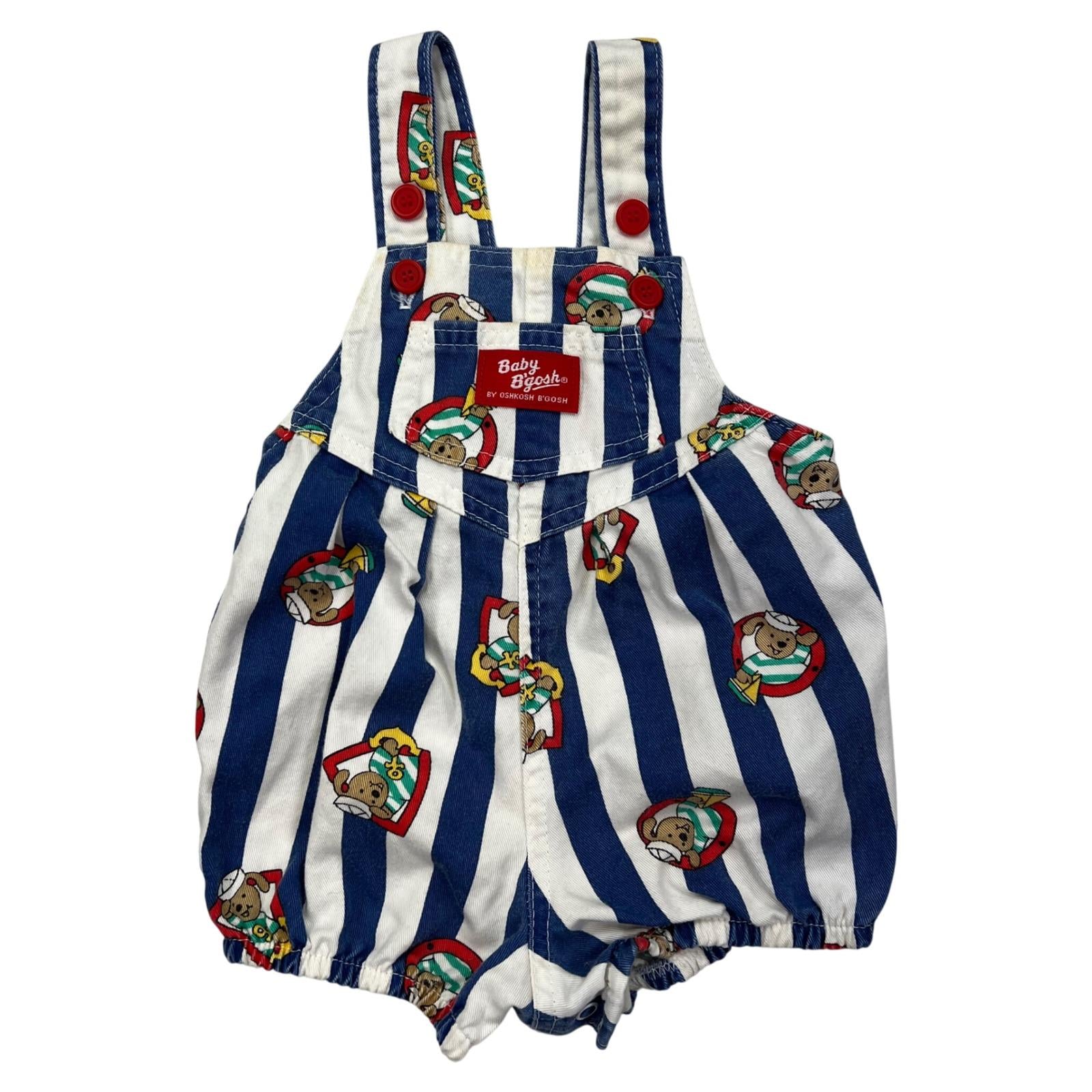 Baby OshKosh Shortall Bubble Overalls 12M Blue White Striped Sailor Bear VTG 80s
