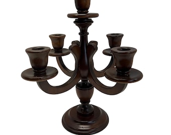 Turned Wood Candelabra Home Decor 13" Dark Brown 5-Arm Taper Holder Vintage